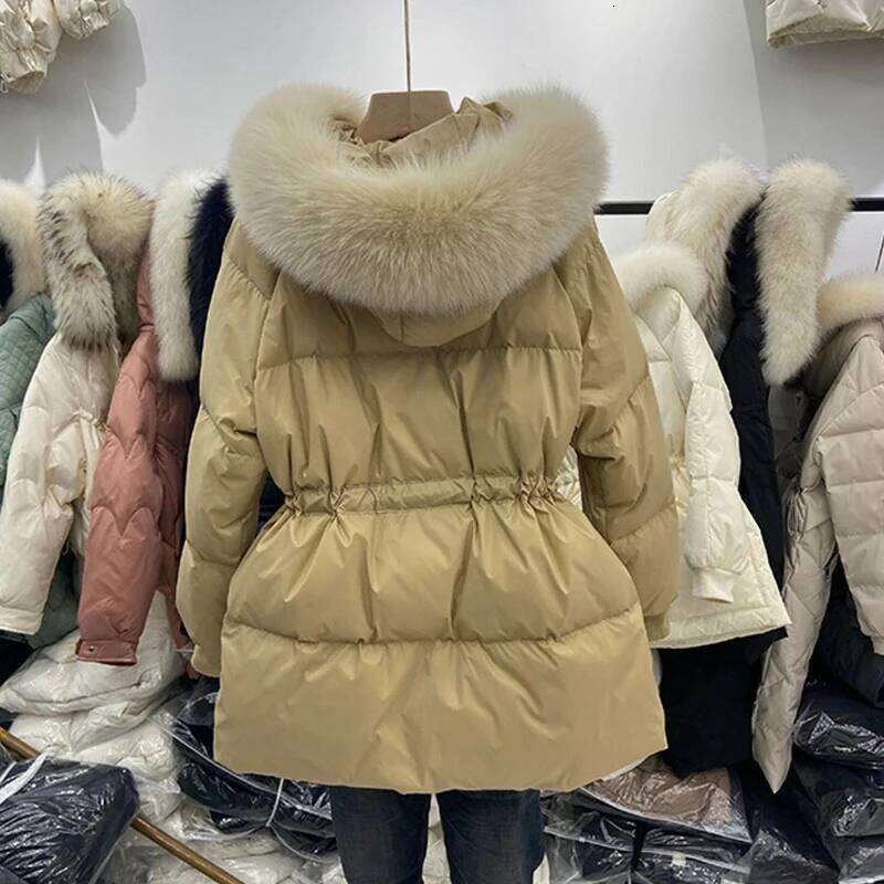 Winter Women's Down Jackets Ultra Light Warm Coat Female Jacket Woman With a Belt Hooded Parka Big Fur Collar Overcoat