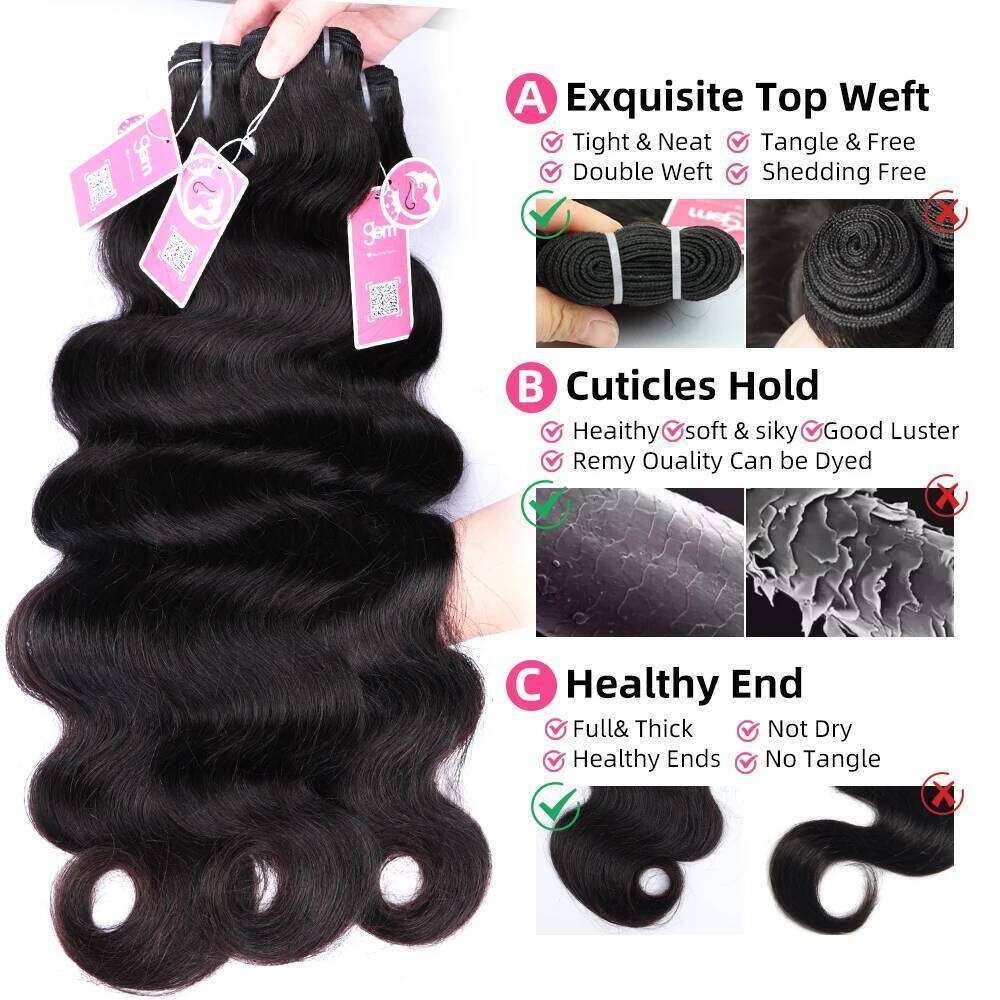 15A Body Wave Brazilian Virgin 1/3/4 Pcs Weave Natural Black Color Extensions 100% Human Hair Bundles