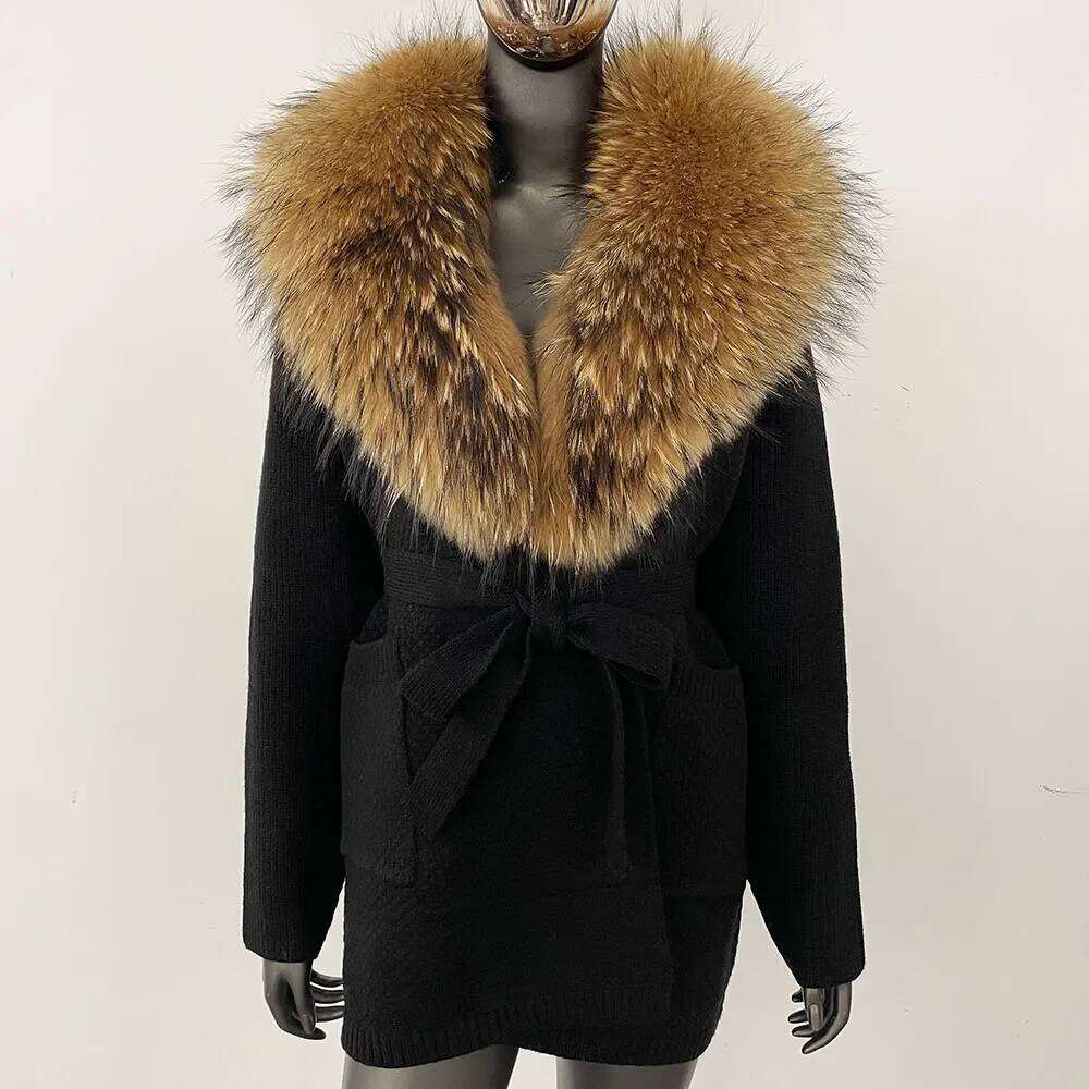 Knitting Cardigan Women Winter Real Fox Coat Long Sleeve Fashion Warm Female Hooded Natural Raccoon Fur Jacket Outwear