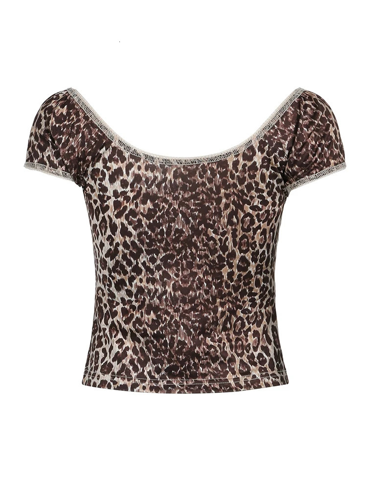 Off Shoulder V Neck Cute Y2K Sexy Leopard Top Tee Brown Vintage Aesthetic Slim Short Women Cropped T ShirtSleeve 250517