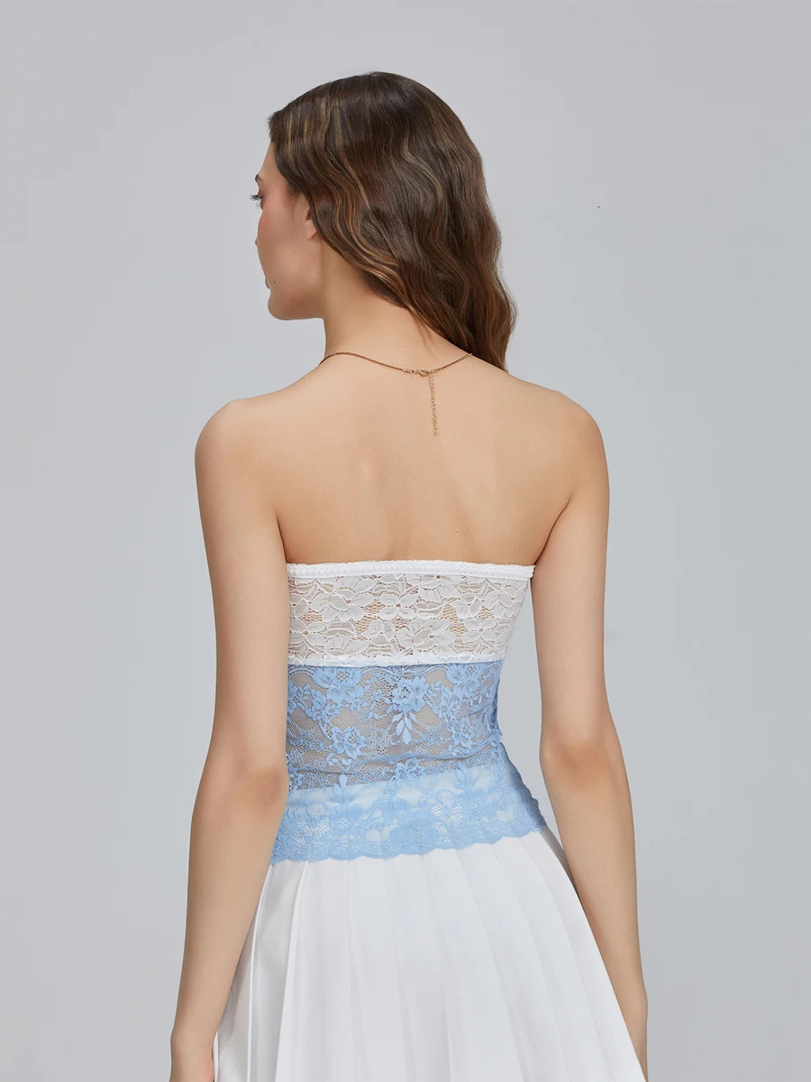 Women s Lace Tube Tops Fit Off Shoulder Backless Sleeveless See Through Lace Flower Crop Tops Shirts for Summer 250523