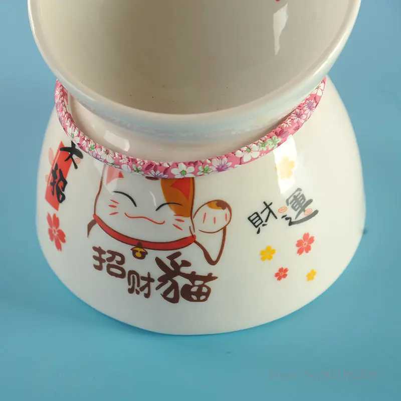 Lucky Cat Ceramic High Foot Anti-tipping Protection Cervical Rice Bowl Dog Drinking Water Food Bowl Supplies Y250528
