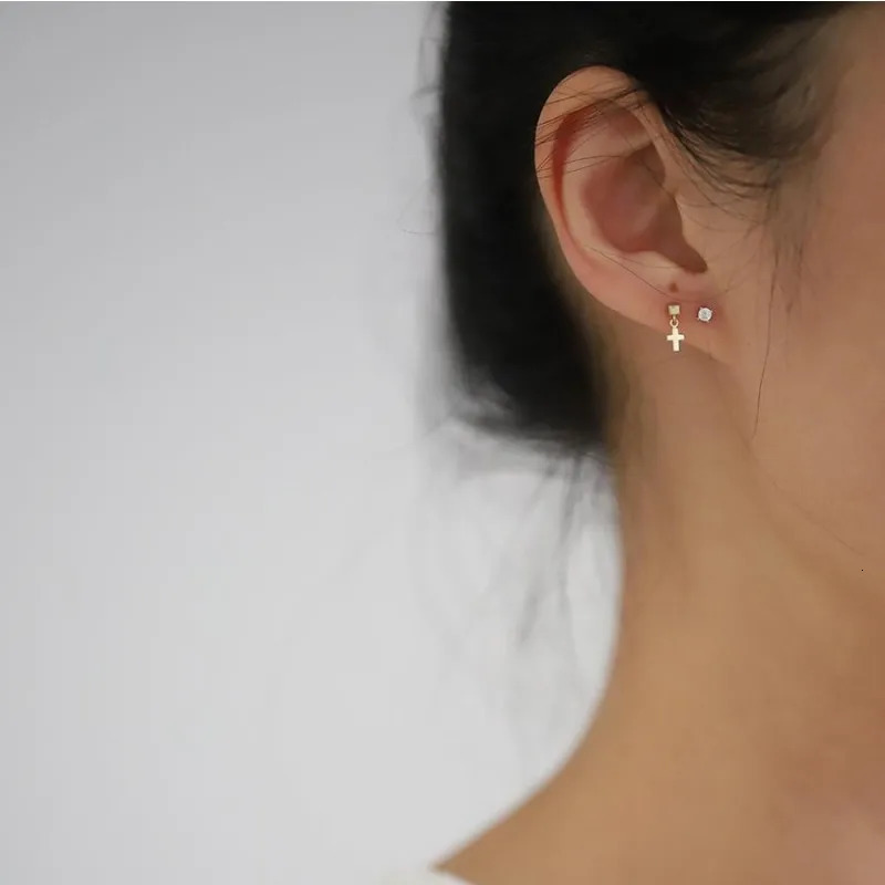 925 Sterling Silver Plated 14K Gold Mini Cross Stud Earrings for Women Korea Temperament Versatile Jewelry 250527