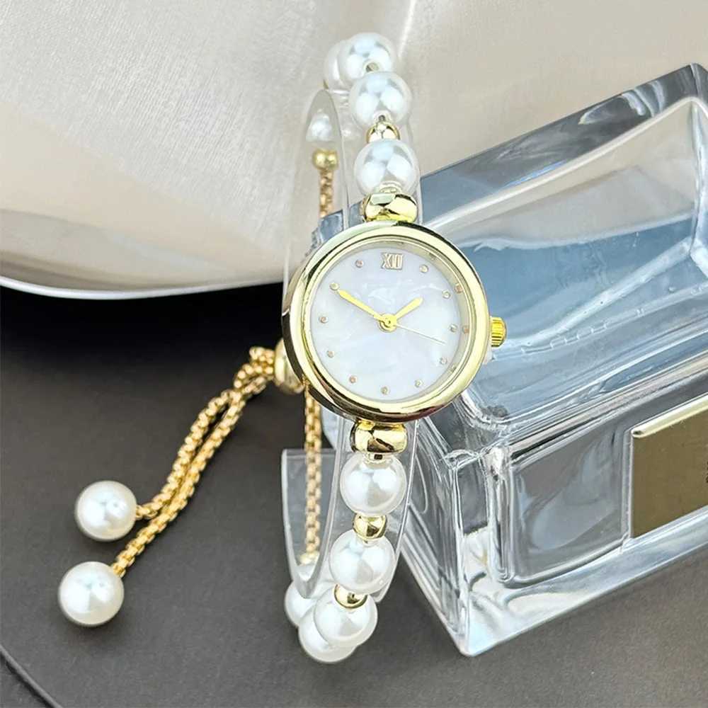 Womens Beaded Pull-out Bracelet Alloy Rose Gold Case Premium Fritile-textured Dial Elegant Quartz Watch Suitable for Banquet XJ250527