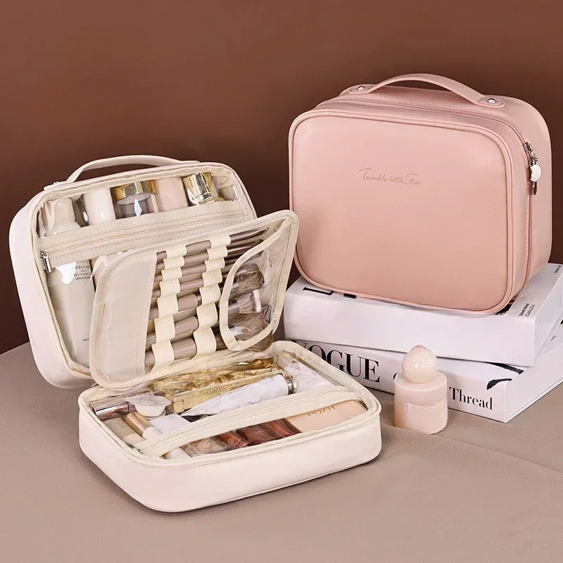 Women PU Leather Double Layer Travel Makeup Wash Clear Cosmetic Bag With Zipper Multi-Compartment Waterproof Toiletry Organizer 250527