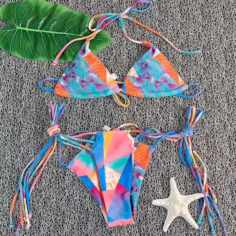 Custom New Design Hot Sale Print One Piece Micro Thong Girl Bikini Ladies Front Cross Back Lace Up Swimsuit Women Sexy Swimwear