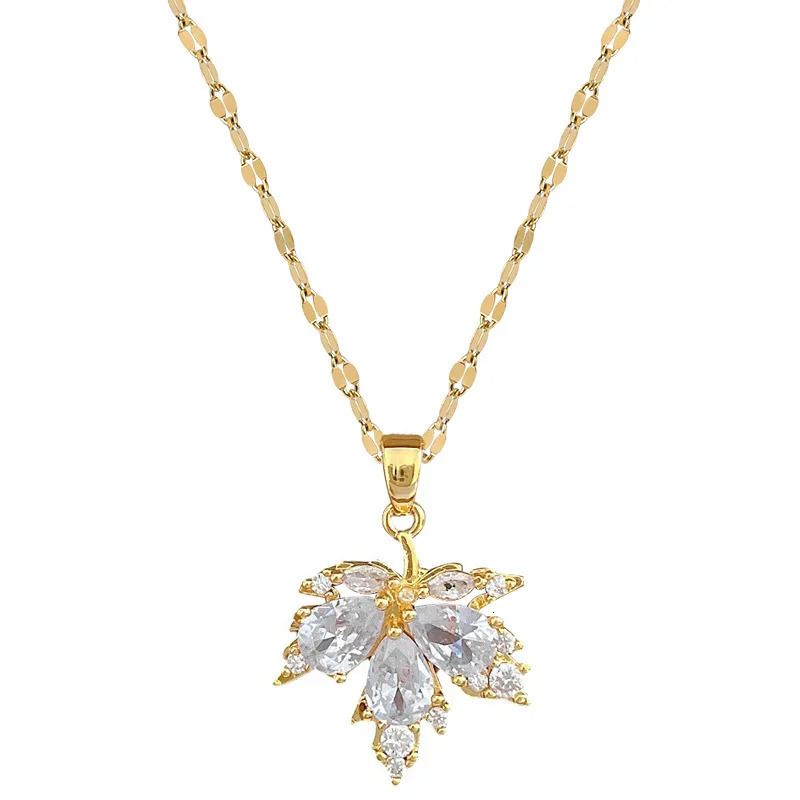 Yupsk Elegant Zirconia Maple Leaf Pendant Necklace for Women Fashion Stainless Steel Chain Earring Necklace Jewelry Gift 250527