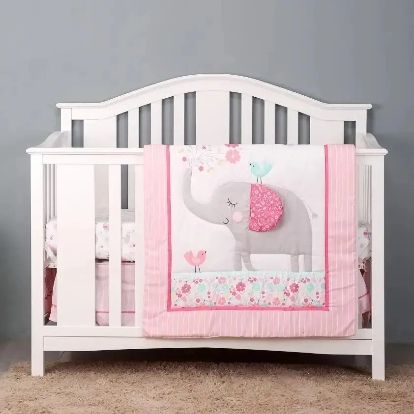 3 Pcs Baby Crib Bedding Set Pink Elephant Including Quilt Sheet Skirt Kit Bedsheet Pillowcase 250517z