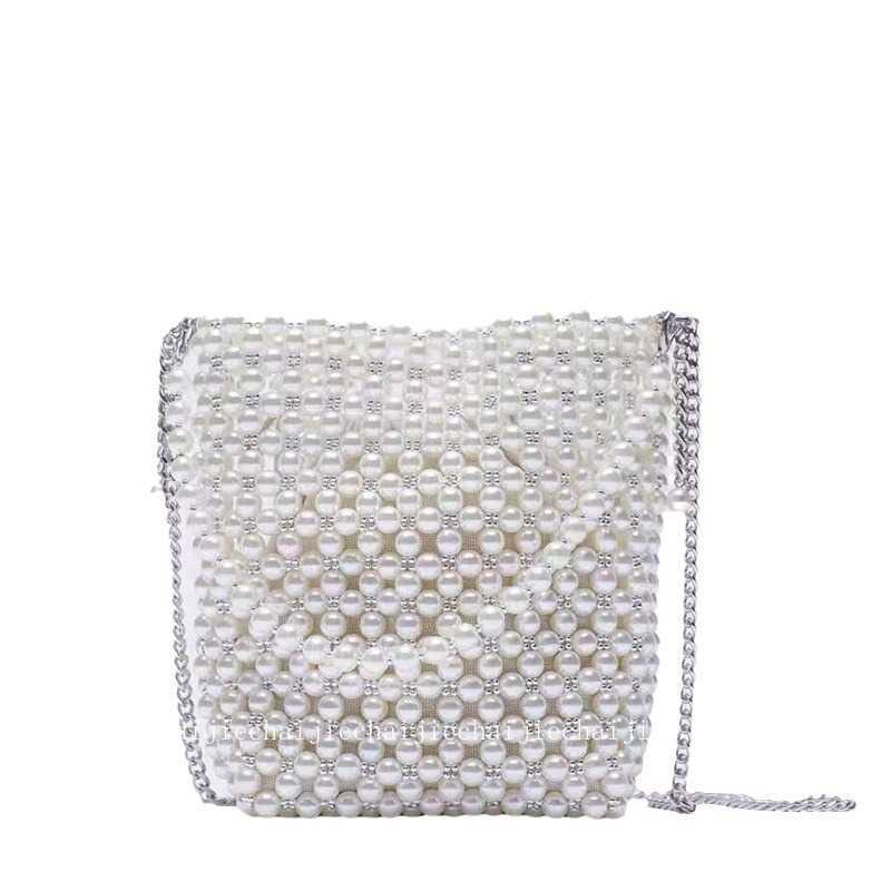 New Womens Bag Trendy Texture White Pearl Bag Beaded Fish Skin Fairy Handheld Cross Shoulder Chain Single Shoulder Bucket Bag