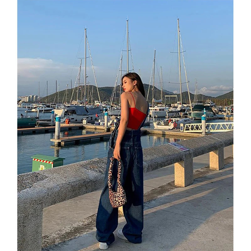 MEXZT Denim Jumpsuit Women Streetwear Baggy Overalls Fashion Pocket Wide Leg Suspender Pants Korean Straight Jeans Trousers 250523
