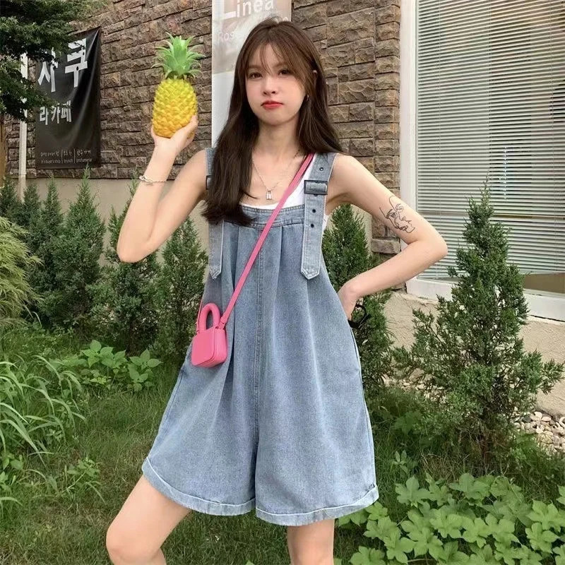 Curled Jeans Suspenders Shorts For Womens Summer Cool And Cute Little Wide Leg Student Loose Jumpers 250523