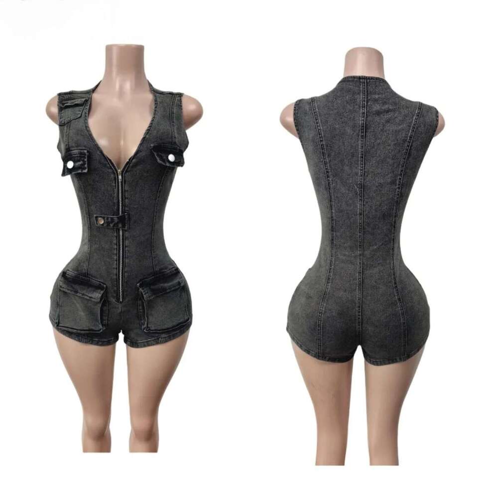 2025 Women V-Neck Sleeveless Denim Short Jumpsuit Playsuits Summer Street Party Pocket Cargo Romper One Piece Playsuit