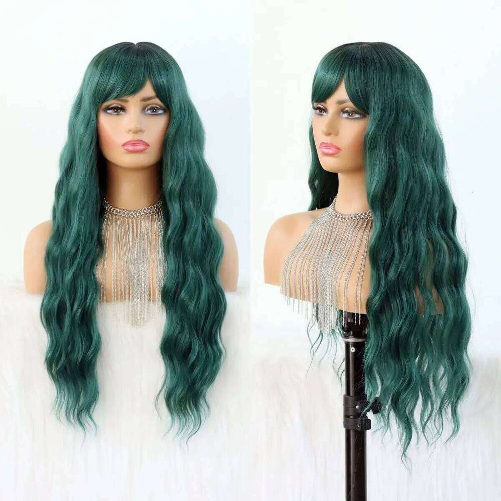Long Wavy With Bangs Heat Resistant Synthetic Fiber Ombre Green Dark Roots Loose Curly Wave Wig