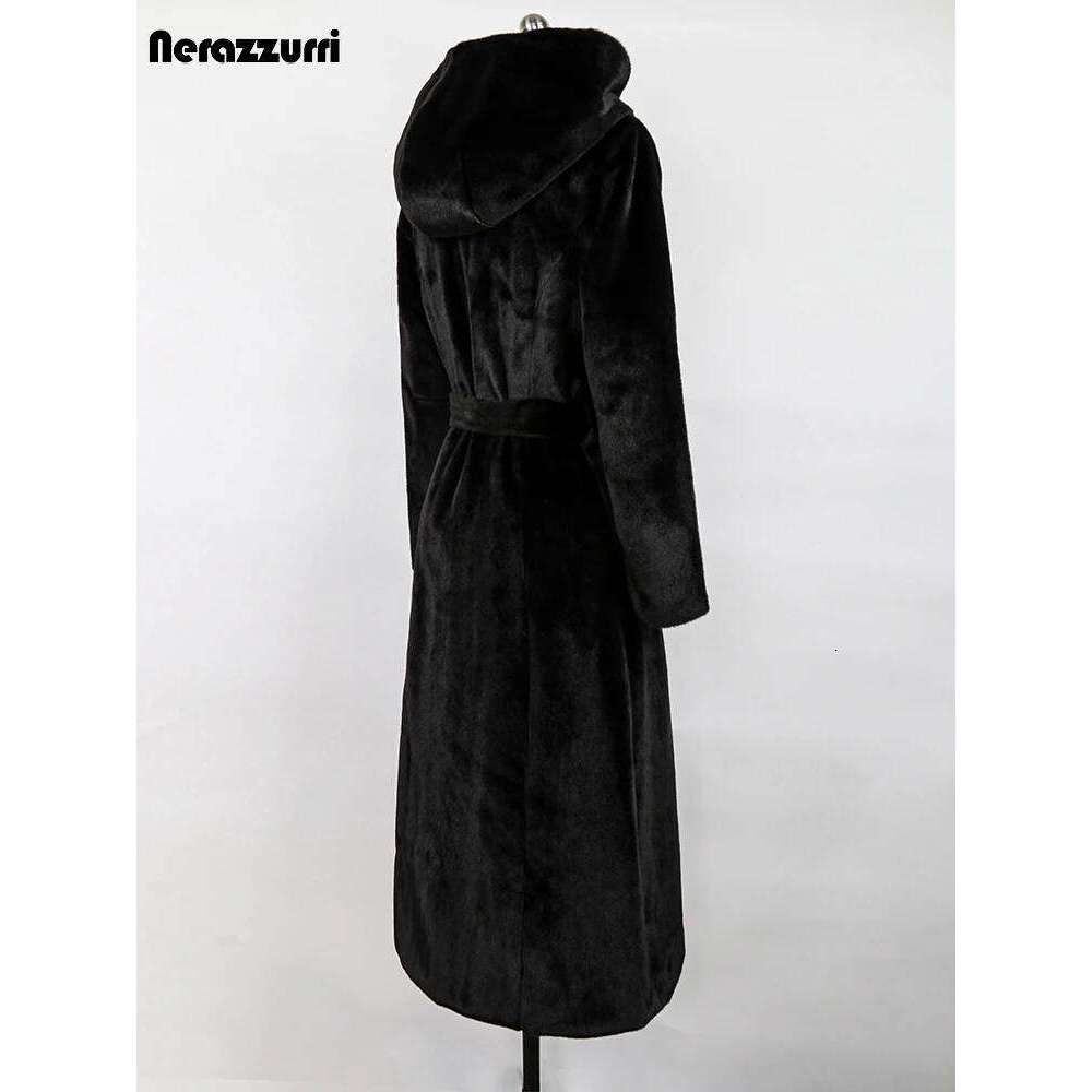 Nerazzurri Winter Long Soft Warm Fluffy Faux Mink Fur Coat Women with Hood Single Breasted Elegant Overcoat 2022