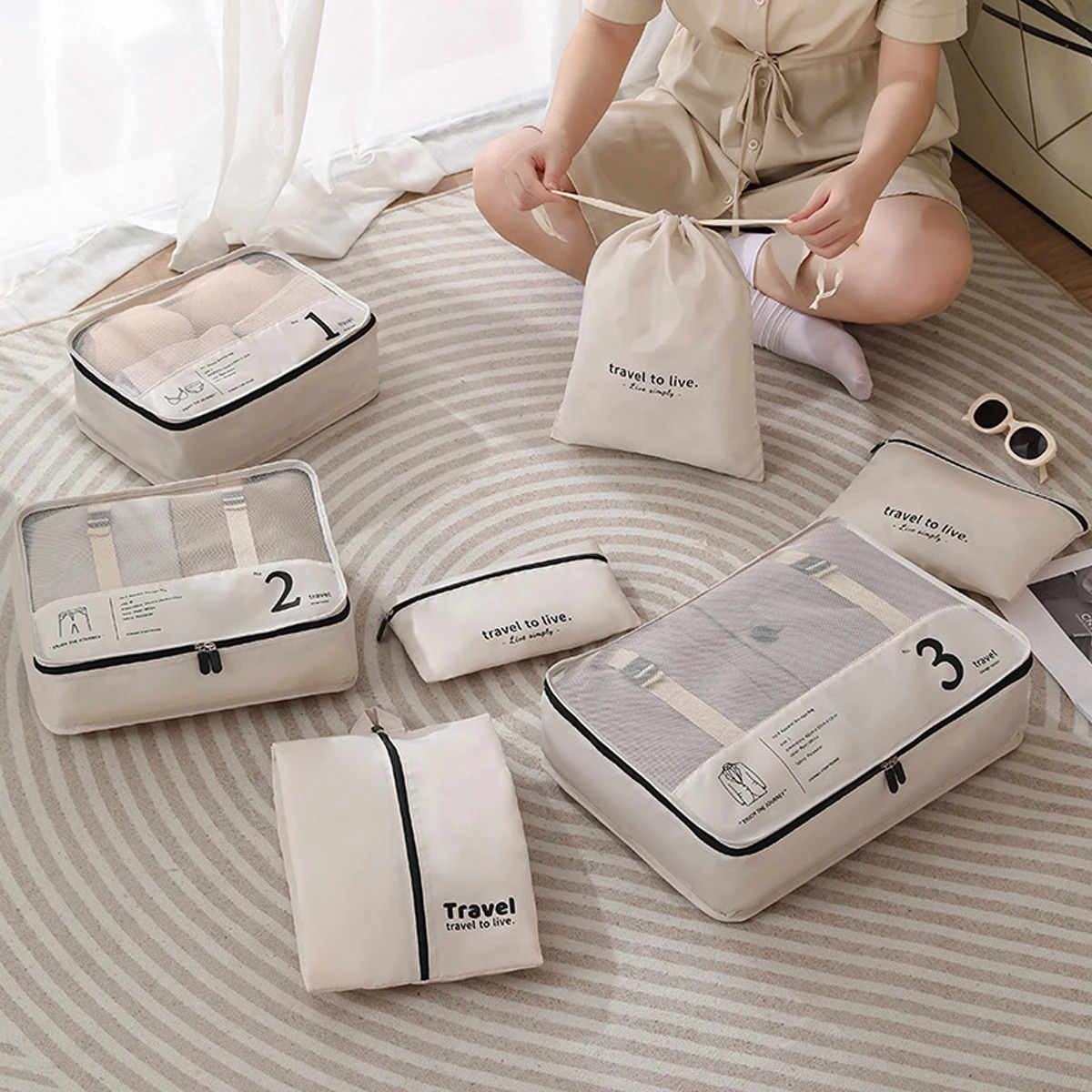 7 Pcs Minimalist Simple Letters Pattern Packaging Cubes Lightweight Versatile Luggage Bag Set 250526