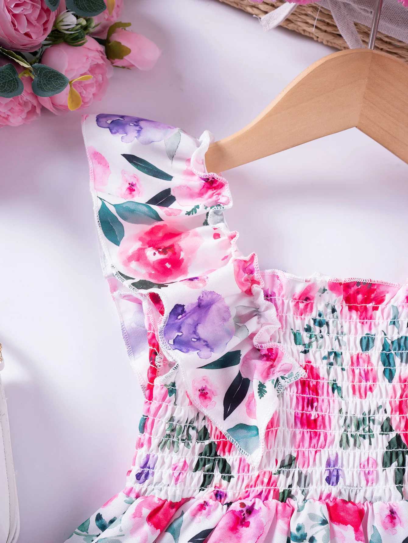 1 - 7 Y Baby Girls Sweet Floral Dress with Ruffled Sleeves Smocked Waist - Perfect for Party Summer Wear for Kids Girl Dress X250528