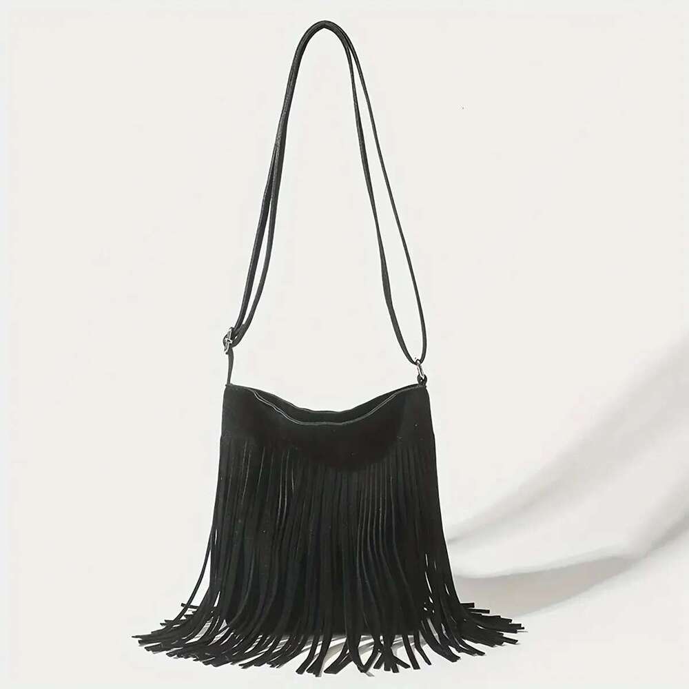Brown Suede Elegant Crossbody with Adjustable Strap - Hand Washable, Solid Color, Buckle Closure, Polyester Lined, No Oil Edges Fringe Shoulder Bag