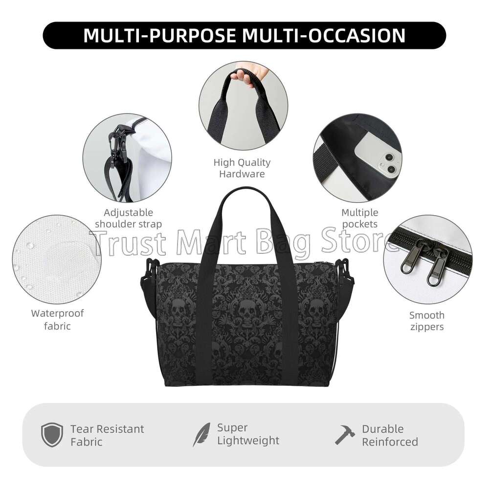 Gothic Black Skull Damask Print Hand Travel Multipurpose Weekender Bags Unisex Casual Waterproof Sports Yoga Lage Bag