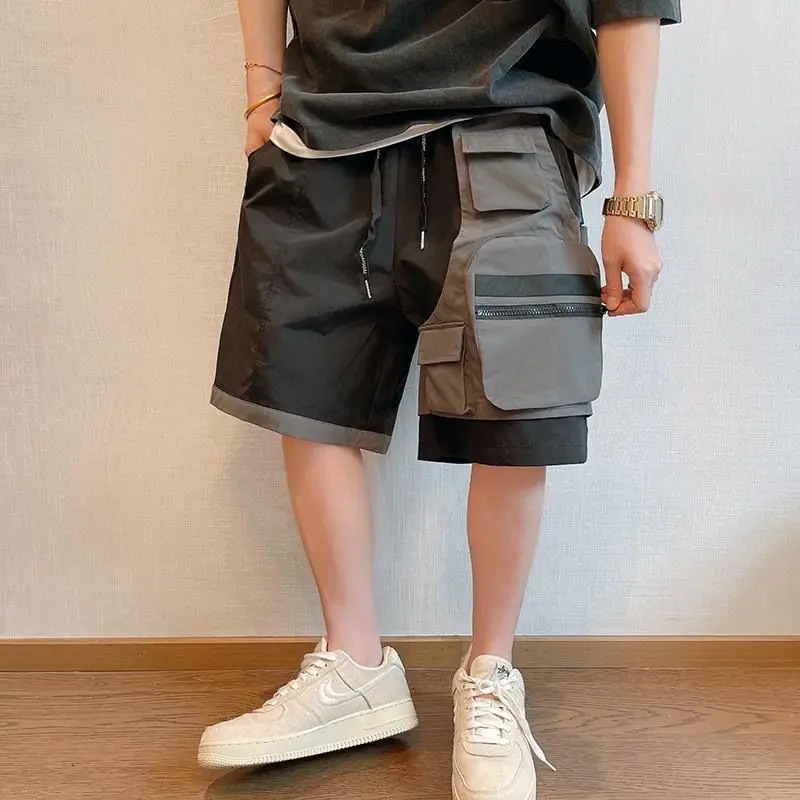 Black and Gray Splicing Versatile Fake Two-piece Pocket Mens Summer High Street Workwear Casual Shorts 250523