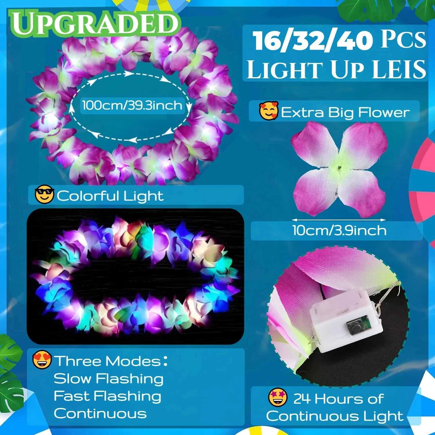 16-40Pcs Light up Hawaiian Leis LED Light up Flower Leis Necklace Leis for Beach Tropical Carnival Party Supplies Wedding Gifts W250528