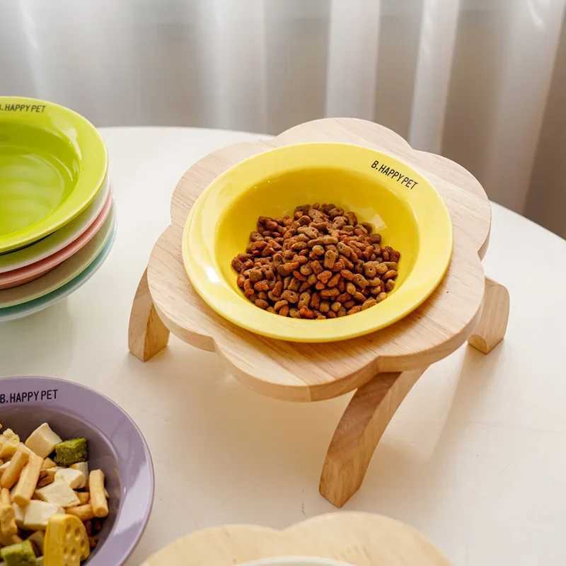 Ceramic Cat Bowl with Elevated Wooden Stand Protection Cervical Spine Puppy Feeding Bowl Drink Water Bowl Pet Supplies Y250528