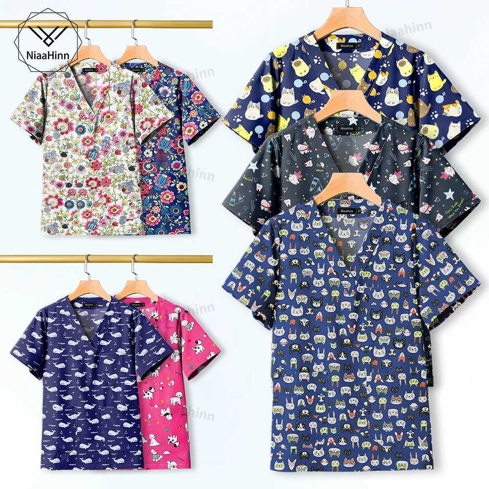 Fashionable Printed Uniform for Doctor and Nurse Scrubs Top Medical Surgical Gowns Dentist Cartoon Cute Workwear Women X250528