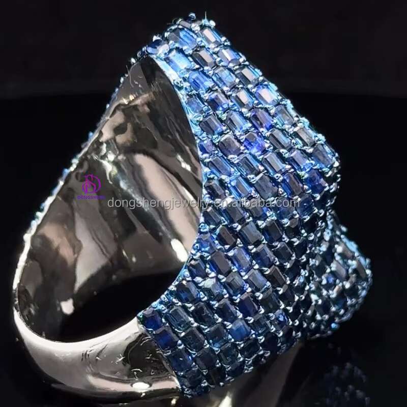 Luxury Custom Jewelry Hip Hop Vvs Moissanite Diamond Ring Bling Iced Out Hip Hop 925 Silver Moissanite Blue Ring for Mens