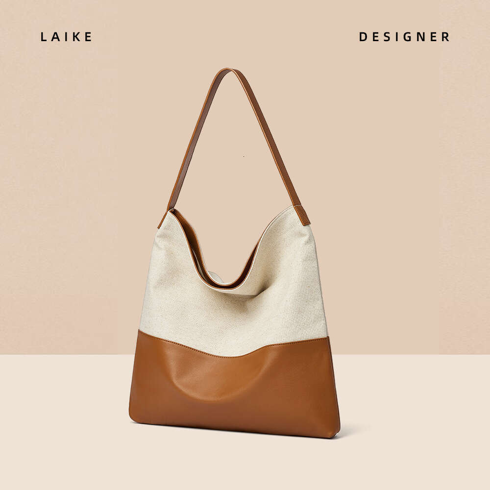 Color-Block Cowhide and Canvas Casual Lazy Style Underarm Shoulder Large Capacity Tote Bag for Women