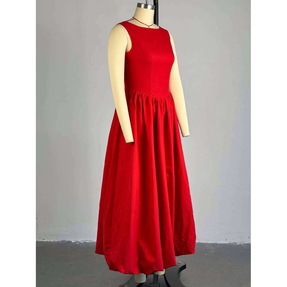 Women Sleeveless O-Neck Bubble Big Swing Long Maxi Dress 2025 Holiday Beach Evening Sexy Girl Party Dresses Vestidos