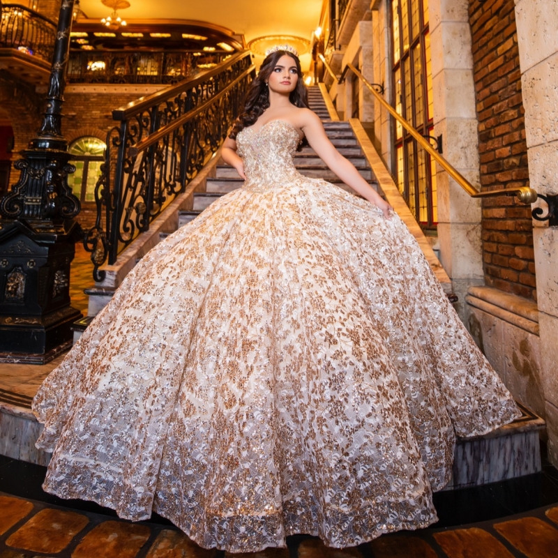 Champagne Gold Shiny Quinceanera Dresses Ball Gown Off The Shoulder Applique Lace Beading Crystal Bow Tull Party Birthday Sweet 16 Dress Vestidos 15 A