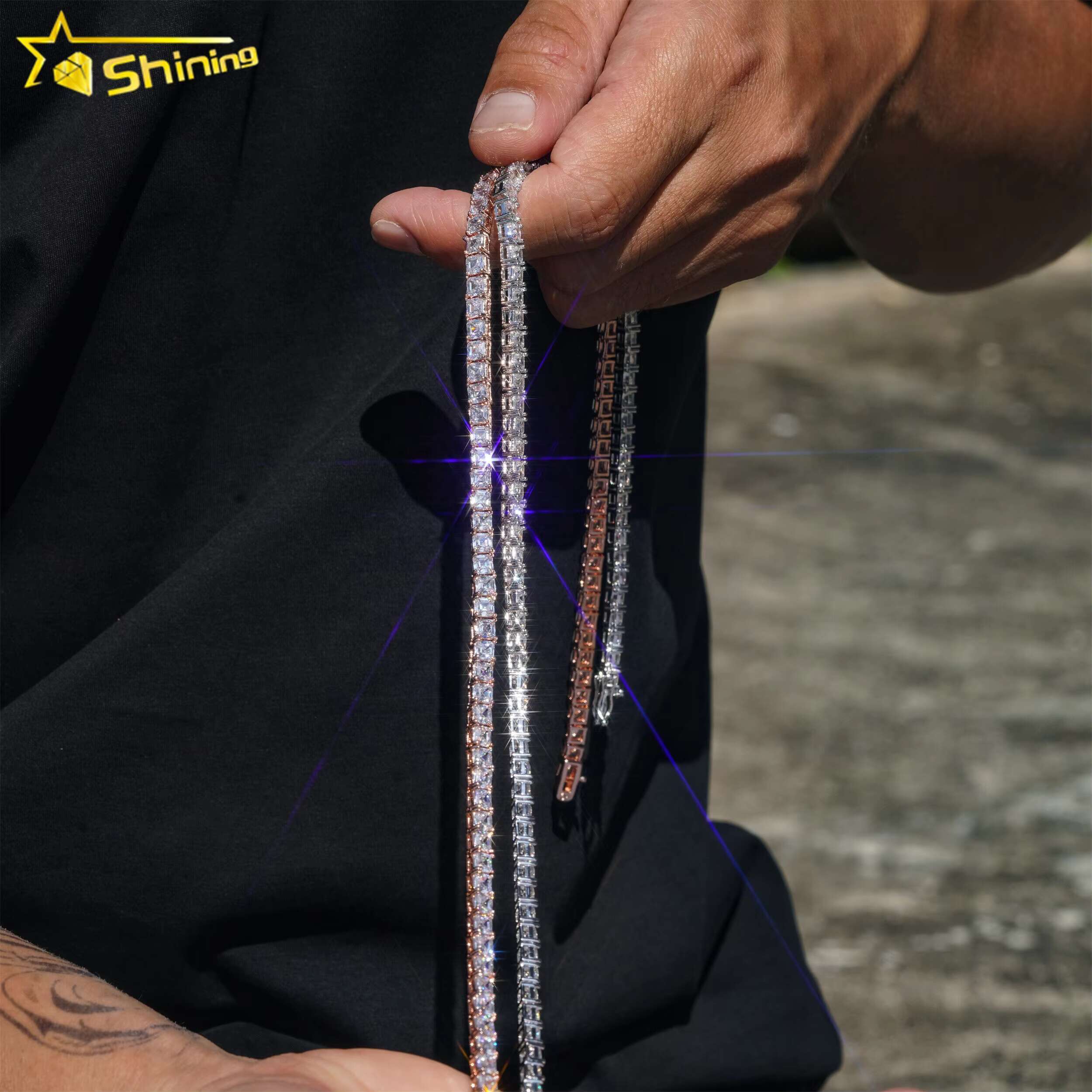 Luxury Bling 925 Sterling Silver Hip Hop Necklace 4mm Asscher Cut Diamond Tennis Chain Moissanite Tennis Necklace