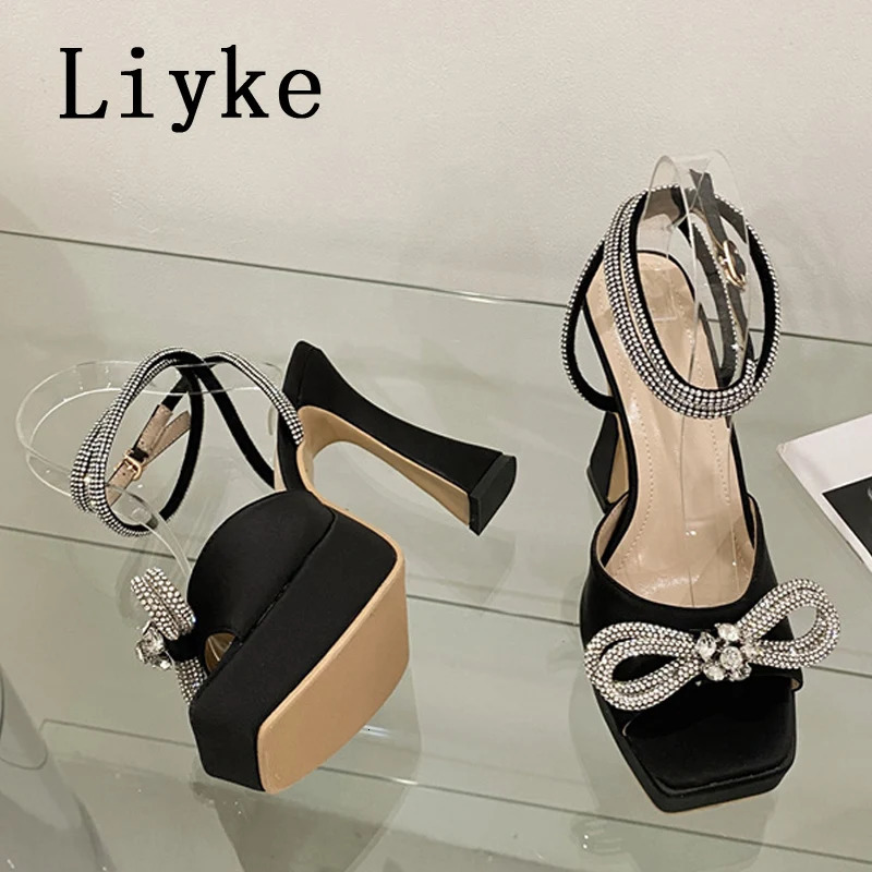 Liyke Super High Sexy Sandals Ladies 2025 Summer Open Toe Crystal Bowknot Platform Heels Party Wedding Shoes Women Black White 250526