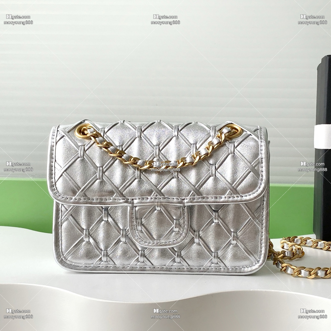 12A Upgrade Mirror Quality Designer Mini Flap Bag Metallized Braided Calfskin Leather Handbags for Women Silver Shoulder Bags Crossbody Purse Chain Bag with Box