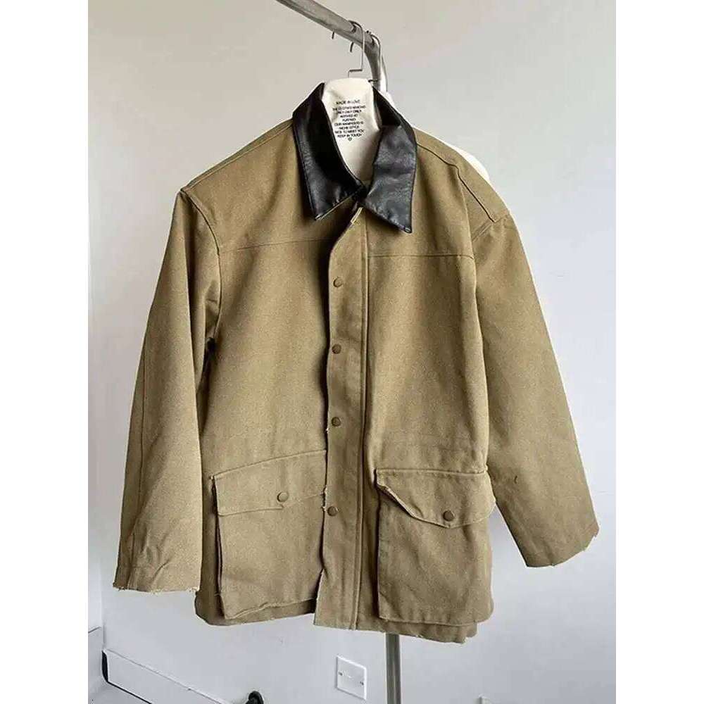 EAM Khaki Leather Collar Big Size Casual Jacket New Lapel Long Sleeve Women Coat Fashion Tide Spring Autumn 2025 1DH8168