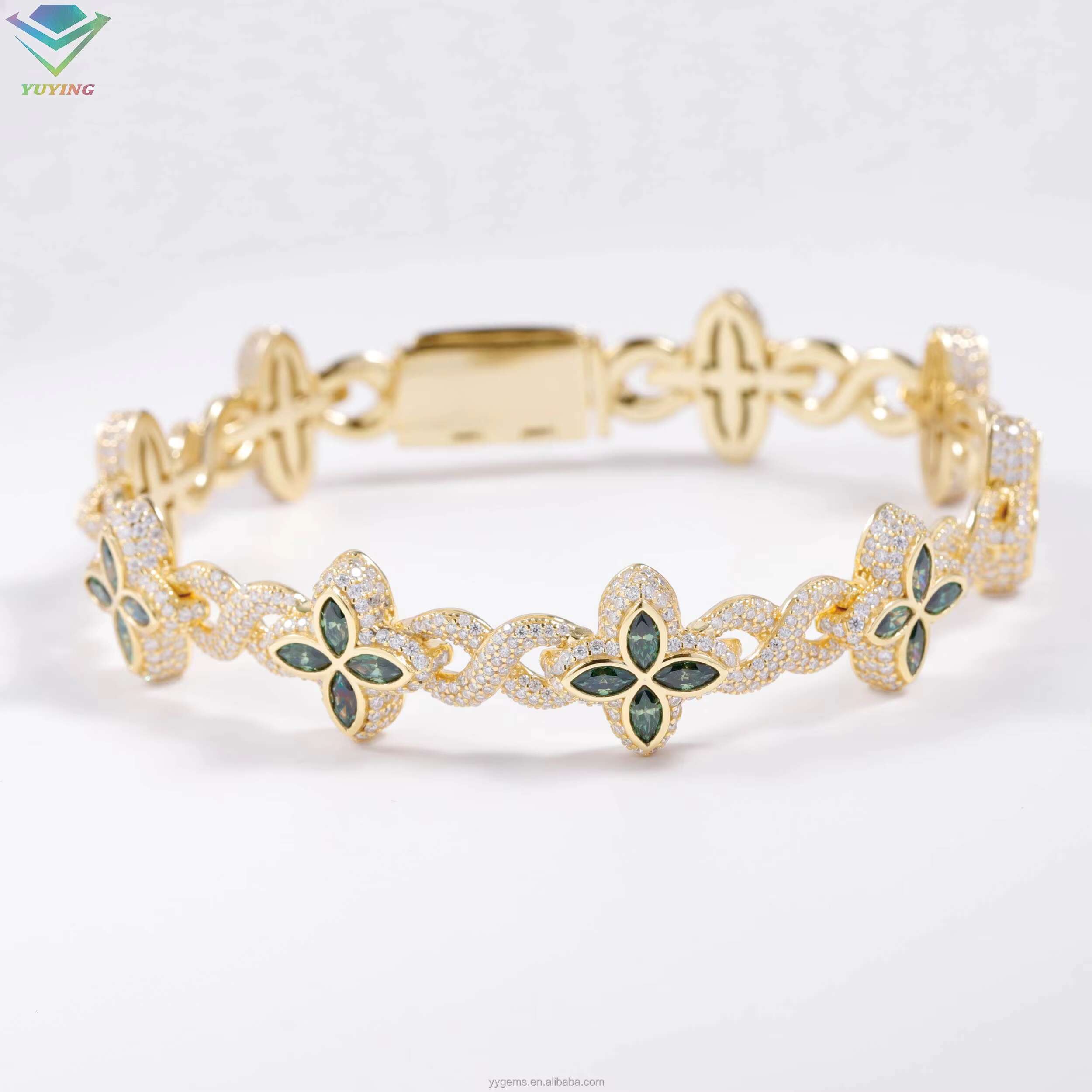 Yu Ying Gold Plated S925 Sterling Silver Clover Pink Green Diamond Cuban Moissanite Bracelet With GRA Certificate