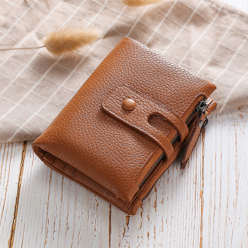 Free Shipping Popular Women's Short Soft Leather Designer Wallet Top Layer Cowhide Anti-theft Brush Double Zipper Card Bag ID Bag Coin Bag