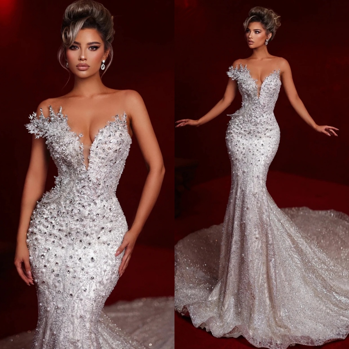 Exquisite Pearls Wedding Dresses Sequins Strapless Bridal Gowns Rhinestone Beading Slim Custom Made Sleeveless Vestidos De Novia Plus Size