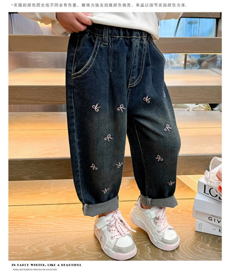 Girls Bow Jeans Pants Spring Kids Elastic Loose Denim Autumn Children Bowknot Print Trousers Fashion Harlequin 210Y 250528