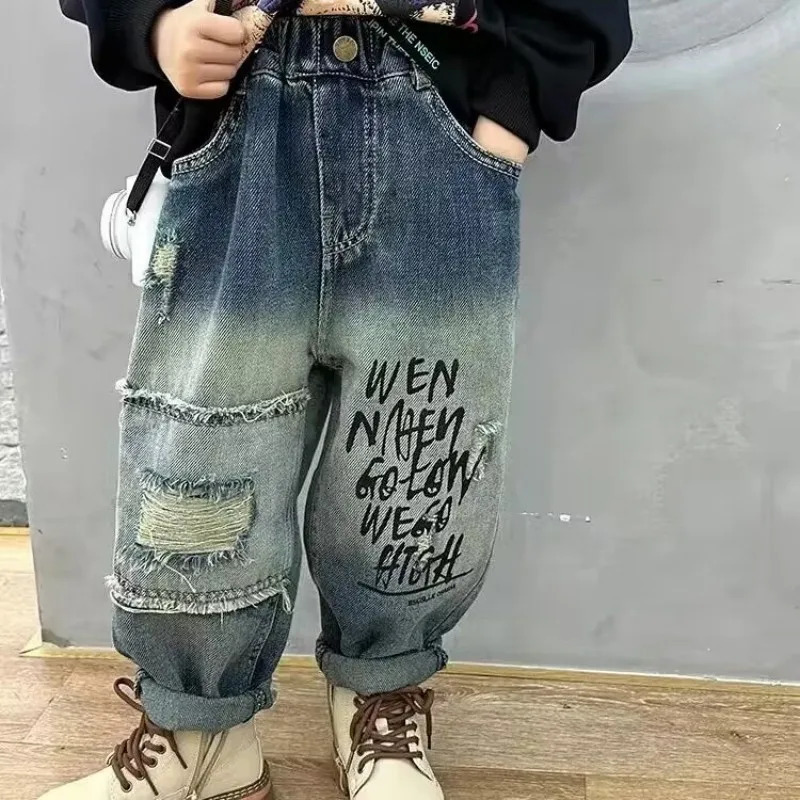 Childrens Ripped Jeans Pant Spring and Autumn Clothes Boys Casual Loose Pants Girls Baby Trousers Thin 2 4 6 12Y 250528