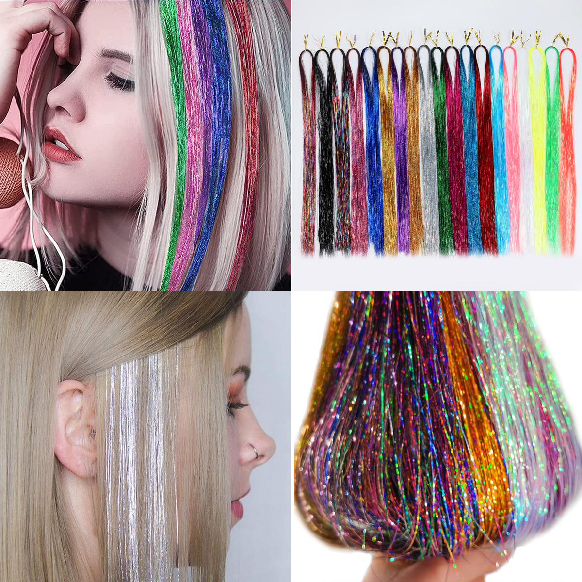 47 Inches Hair Extension Tinsel 12 Colors Glitter Hair Extensions for Women Girls Hair Accessories for Christmas New Year Halloween Cosplay Party