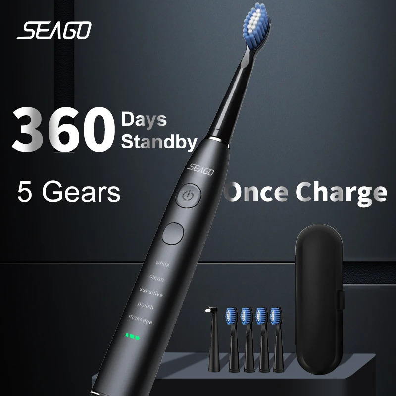 Seago Electric Sonic Toothbrush USB Rechargeable Adult 360 Days Long Battery Life IPX7 4 Replacement Heads Travel Box SG575 250519