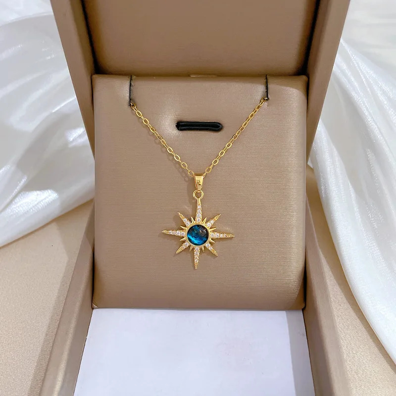 316L Stainless Steel Gold Plated Fashion Bohemian Blue Sun Star Pendant Necklace For Women Punk Party Jewelry 250519