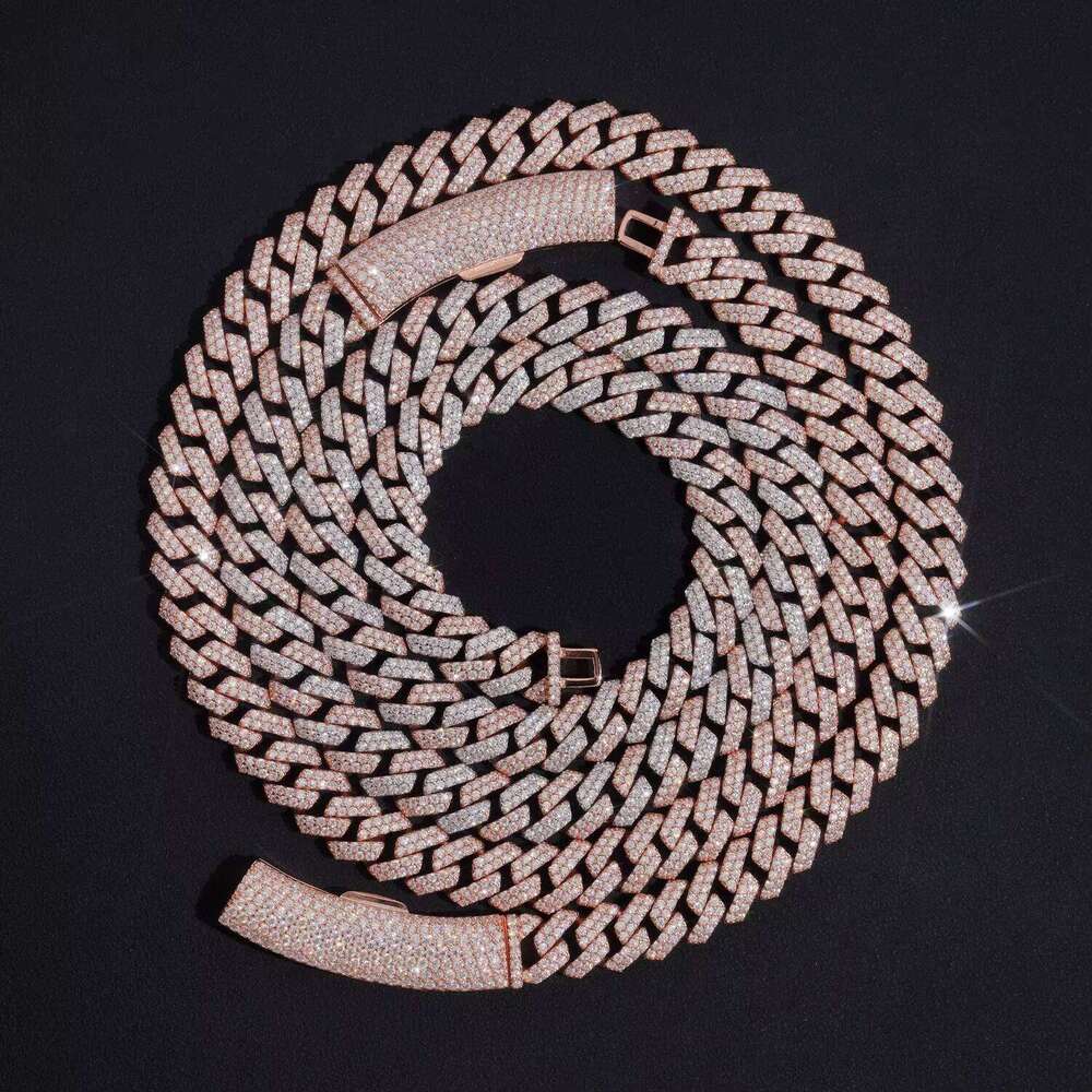 Basic Design Two Rows Iced Out VVS D Color Moissanite Dia Rose Gold Cuban Link Chain Necklace 10MM Curve Lock