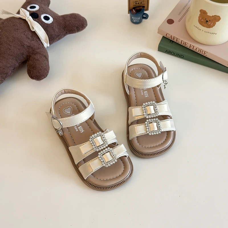 Girls Rhinestone Buckle Sandals Gold/Silver Soft Leather Summer Shoes for Toddlers 3-8 250528