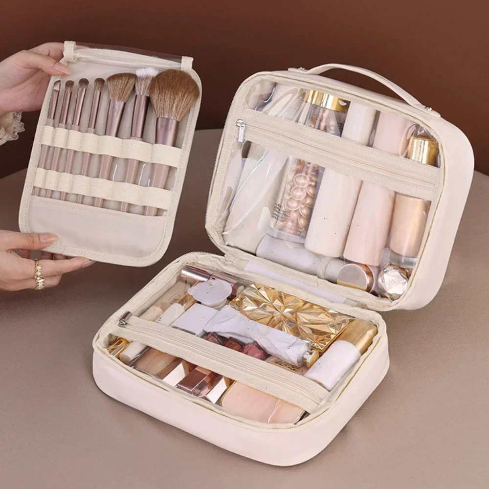 Women PU Leather Double Layer Travel Makeup Wash Clear Cosmetic Bag With Zipper Multi-Compartment Waterproof Toiletry Organizer 250527