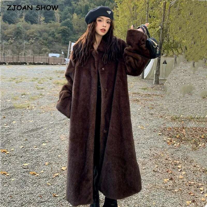 Winter Vintage Brown Lapel Mink Faux Fur CHIC Women Full Sleeve Loose Warm Below Knee Maxi Long Jacket Coat
