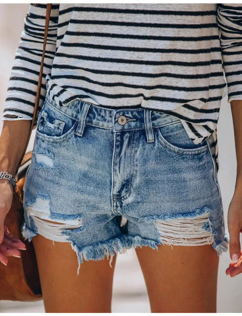 Summer Womens Ripped Denim Shorts Fashion High Elastic Tassel Straight Jeans Shorts Casual Sexy Ladies Shorts 250520