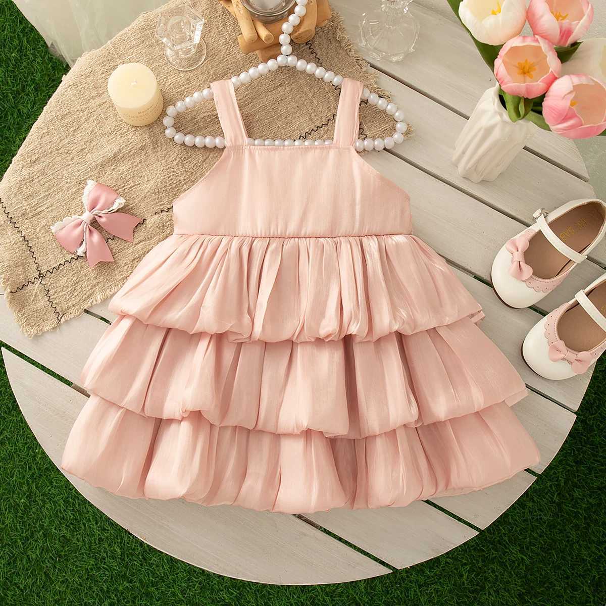 Baby Girl Dress Summer Bow Solid Color Halter Multi Layered Design Hem Girl Kids Dress Cute Casual Baby Princess Dresses X2505281