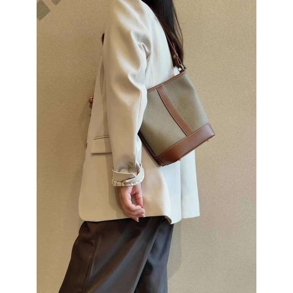 Women Single Shoulder Underarm Bucket Bag Mixed Colors Cowskin Genuine Leather Handbag Office Ladies Casual Crossbody Bags New