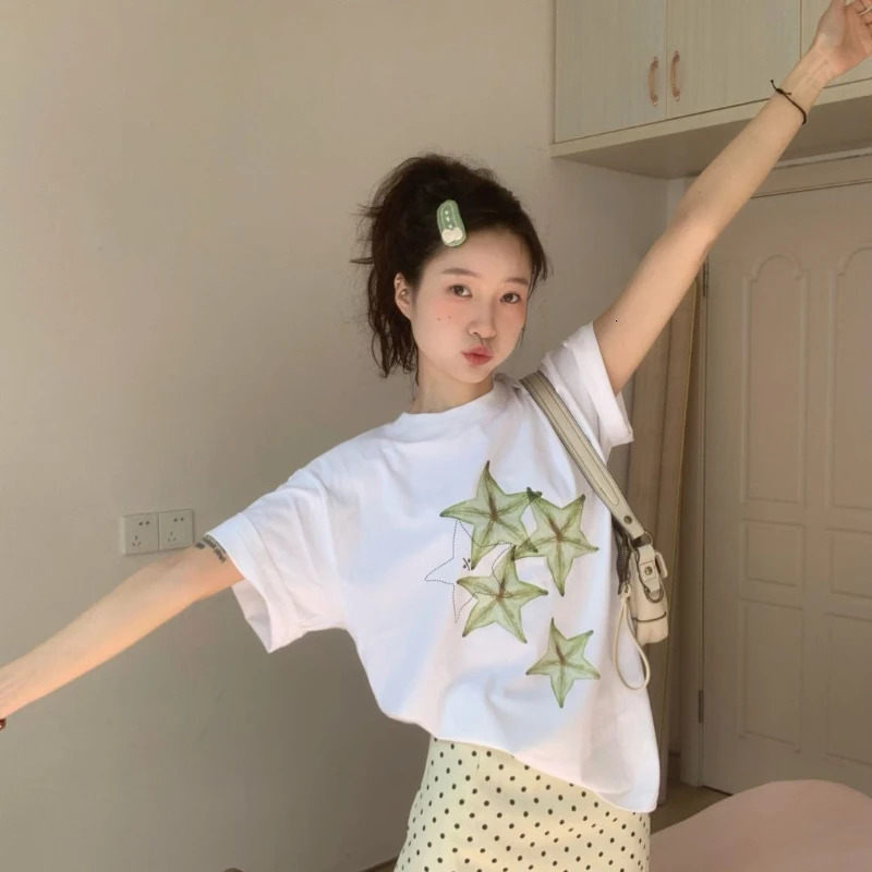 Carambola Printing White Short Sleeve Tshirt Women Summer Korean Style Commuting Tops Lady Versatile Loose Leisure 250517